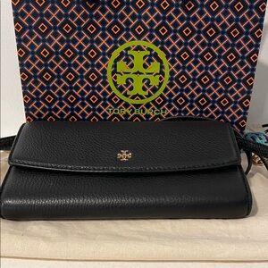 Tory Burch Black Leather Crossbody Clutch with Gold Logo